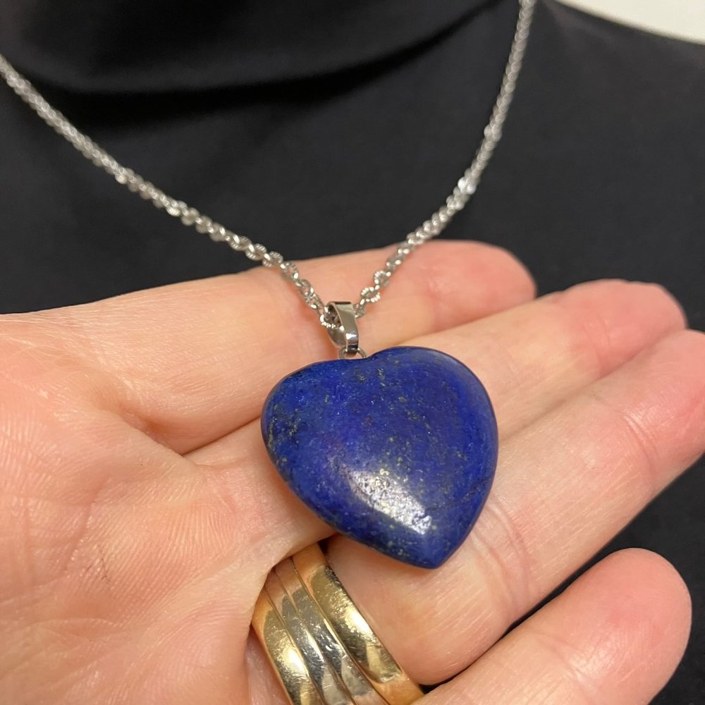 Genuine Lapis Lazuli Gemstone HEART Pendant 18 inch Stainless Steel Chain